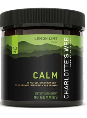 30-count jar of Charlotte’s Web CBD Calming Gummies with labeled front and calming, natural design.
