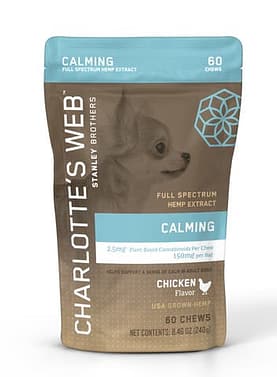 Charlotte's Web Calming Chews for Dogs 30-count bag with calming formula and natural ingredients.