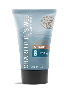 Charlotte’s Web CBD Cream 2.5 oz tube with 750 mg CBD, featuring clean, natural packaging for targeted skin relief.