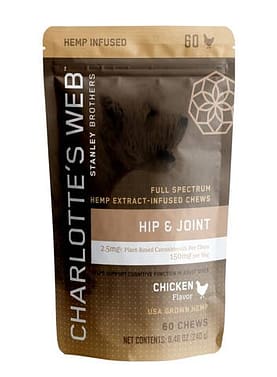 Charlotte's Web Hip & Joint Chews for Dogs 30-count bag with natural ingredients for joint health and mobility support.