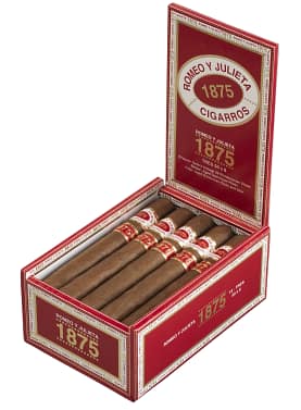 Open box of 1875 by Romeo y Julieta cigars featuring golden-brown wrappers and classic red-and-white bands.