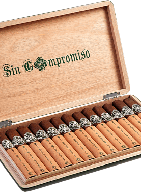 Open box of Sin Compromiso cigars with dark wrappers and elegant black-and-silver bands