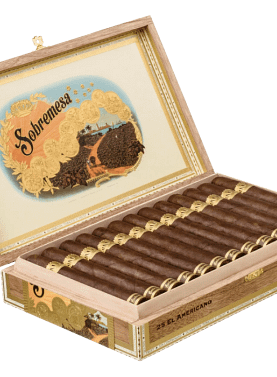 Open box of Sobremesa cigars with dark, oily wrappers and elegant gold-trimmed bands