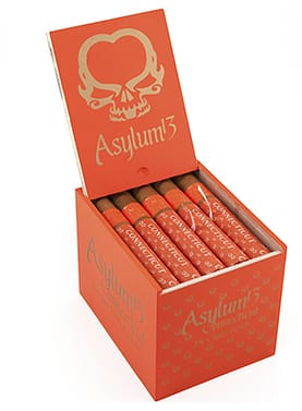 Open box of Asylum 13 Connecticut cigars with light, smooth wrappers and bold black-and-white bands