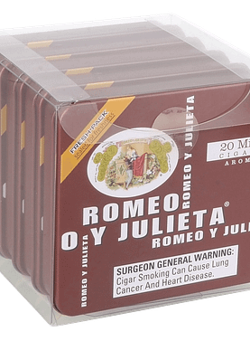 Closed box of Romeo y Julieta Minis featuring classic red, white, and gold branding in a compact tin.