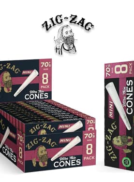 Single pack of Zig Zag Ultra Thin Cone Mini Size 70's in the foreground with an open display box in the background.