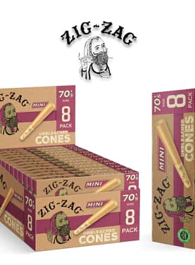 Single pack of Zig Zag Unbleached Cone Mini Size 70's with open display box in the background, showing natural brown pre-rolled cones.