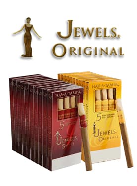 Two boxes of Hav-A-Tampa Jewels cigars with two individual cigars displayed in front