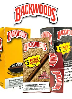 Three different sealed packs of Backwoods cigars with one additional sealed pack placed in front