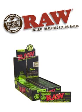 RAW Black Organic rolling papers display box of 24 packs with RAW logo in background