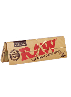 Single pack of RAW Classic 1 1/4 Rolling Papers with a natural, unrefined hemp texture.