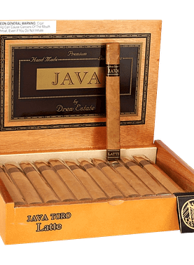 Open box of Java Latte by Rocky Patel cigars with light Connecticut wrappers and elegant coffee-themed branding.