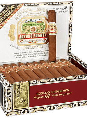 Open box of Arturo Fuente Magnum R Rosado Sungrown cigars with reddish-brown wrappers and elegant bands.