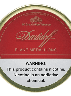 Davidoff Flake Medallions pipe tobacco tin displaying elegant coin-shaped flakes of Virginia and Black Cavendish tobaccos.