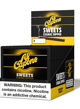 Open box of Al Capone Sweets cigars with individual cigars neatly arranged inside, featuring their signature sweet flavor and smooth wrappers