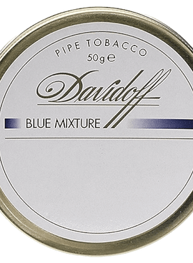 Davidoff Blue Mixture pipe tobacco tin featuring a smooth blend of Virginia, Burley, Latakia, and Oriental tobaccos.