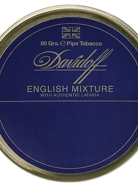 Davidoff English Mixture pipe tobacco tin featuring a classic blend of Virginia, Burley, Latakia, and Oriental leaf.