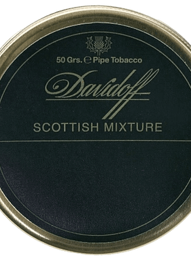 Davidoff Scottish Mixture pipe tobacco tin featuring a smooth blend of Virginia, Burley, Oriental, and whisky flavoring.