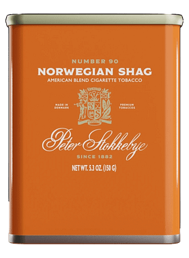 Can of Peter Stokkebye Norwegian Shag tobacco, featuring classic European design