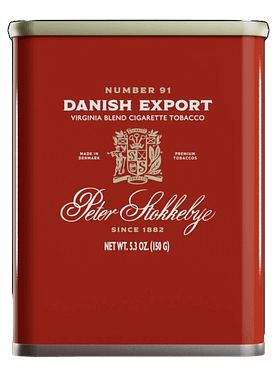 Package of Peter Stokkebye Danish Export roll-your-own tobacco featuring a clean, Scandinavian design.