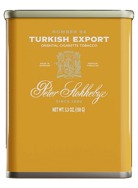 Package of Peter Stokkebye Turkish Export roll-your-own tobacco with classic design and fine-cut contents
