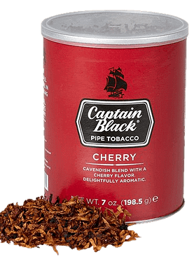 Can of Captain Black Cherry pipe tobacco featuring vibrant, cherry-themed branding and aromatic blend.