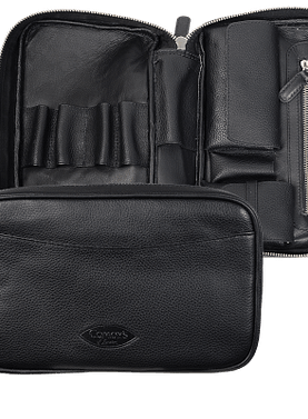 Comoys leather tobacco pouch with pipe travel case,open to show storage for 3 pipes and a zippered tobacco compartment