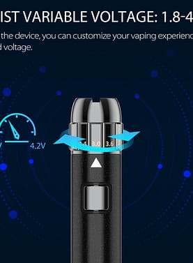 A Yocan Lux vape pen battery shown in a slim, cylindrical design with an adjustable voltage dial near the base.