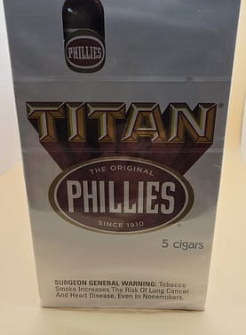 Phillies Titan Pack of 5 cigars in a sealed pouch, showcasing rich brown cigars with classic banding.
