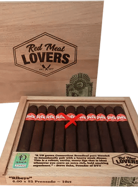 Open box of Red Meat Lovers cigars with dark, oily wrappers and bold red-and-black bands