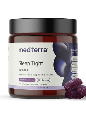 Jar of 30 Medterra Sleep Tight CBD Gummies with two gummies placed beside it, showing texture and serving size.