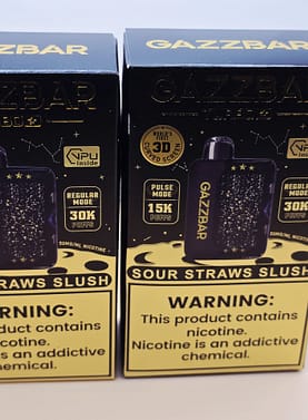 2 Pack Gazzbar Disposable Vape Sour Straw Slush flavor with 30,000 puffs, 28ml e-liquid, dual mesh coil, 800mAh quick-charge battery, and 3D curved screen.