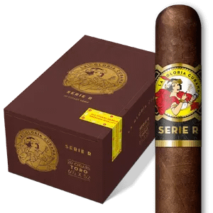 La Gloria Cubana Serie R cigar and closed box featuring bold red and gold branding and robust cigar presentation