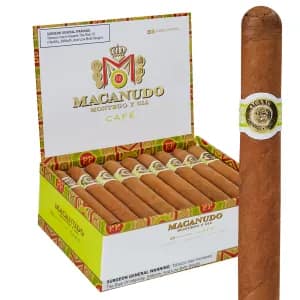 Open box of Macanudo Café cigars with light Connecticut Shade wrappers and elegant branding.