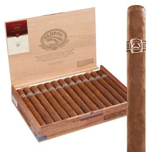 Open box of Padrón Natural cigars with light brown wrappers and classic Padrón bands