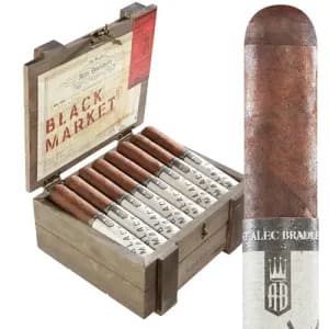 Alec Bradley Black Market cigar standing in front of an open box filled with cigars.
