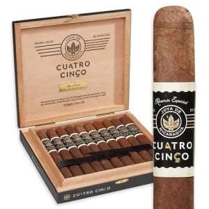 Open box of Joya de Nicaragua Cuatro Cinco cigars, showcasing their premium craftsmanship and bold, complex wrappers