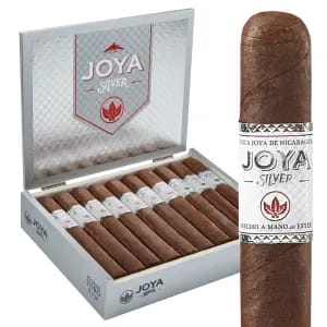 Open box of Joya de Nicaragua Silver cigars neatly arranged with visible bands.