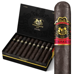 Open box of Partagás Black Label cigars with dark wrappers and bold black-and-silver bands.
