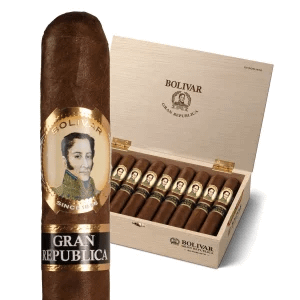 Single Bolivar Gran República cigar in front of an open box filled with matching cigars