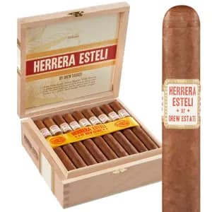Open box of Herrera Estelí Habano cigars neatly arranged.