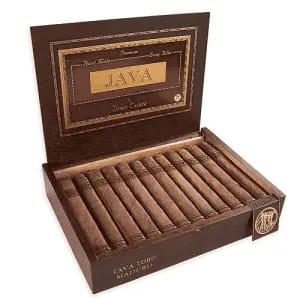 Open box of Java Maduro by Rocky Patel cigars featuring dark, oily wrappers and signature coffee-themed box-press design