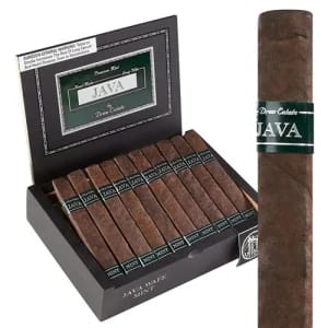 Open box of Java Mint by Rocky Patel cigars with dark Maduro wrappers and distinctive mint-infused presentation.