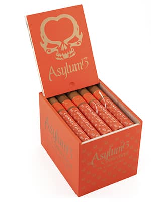 Open box of Asylum 13 Connecticut cigars with light, smooth wrappers and bold black-and-white bands