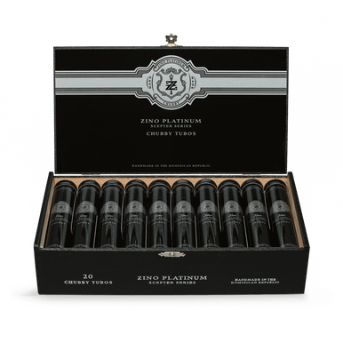 Open box of Zino Platinum Scepter cigars with rows of elegant cigars neatly arranged inside.