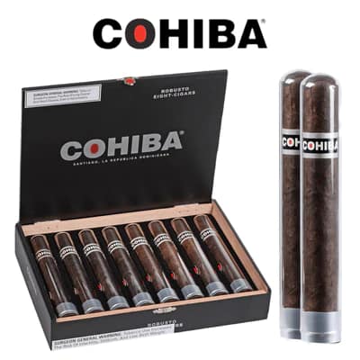 Two single Cohiba Black cigars displayed in front of an open Cohiba Black cigar box