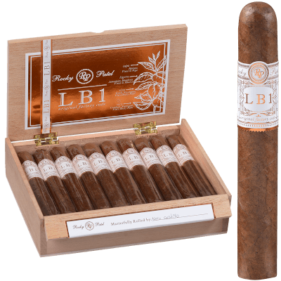Open box of Rocky Patel LB1 cigars, showcasing smooth Ecuadorian Habano wrappers and clean, elegant presentation.