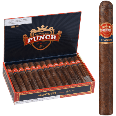 Open box of Punch Clasico Maduro cigars with dark, oily wrappers and bold red and gold bands.