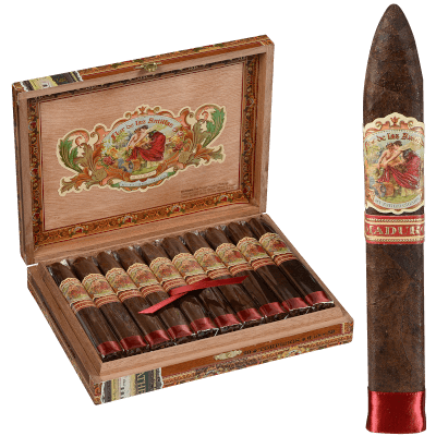 Flor de las Antillas Maduro single cigar with open box in the background