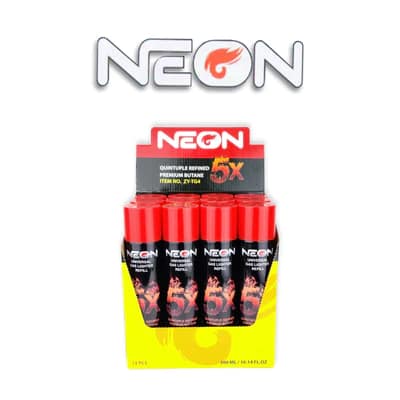 Open case of 12 Neon Butane 5X 300ml cans with brand logo in the background.